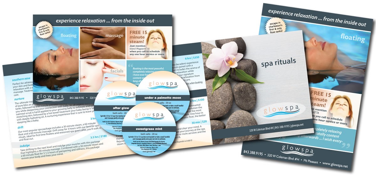 glowspa marketing collateral design advertisements product labels